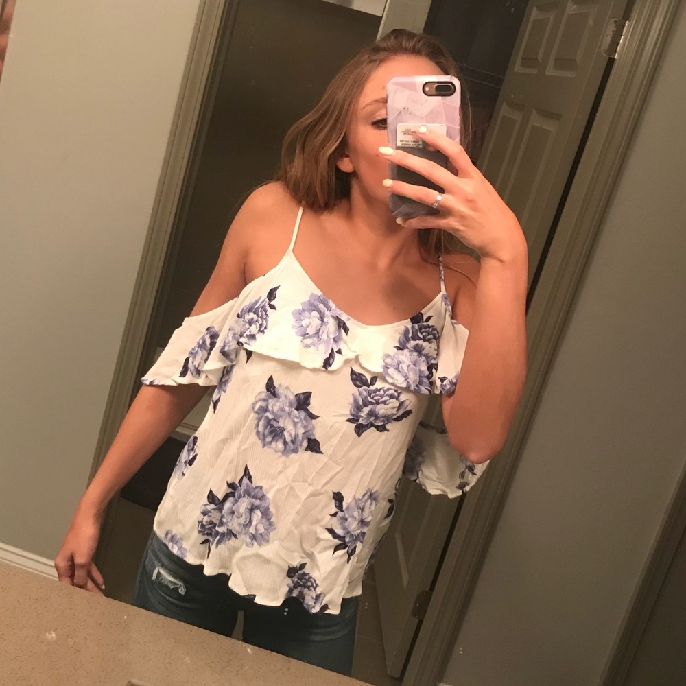white cold shoulder top, floral design: blu pepper